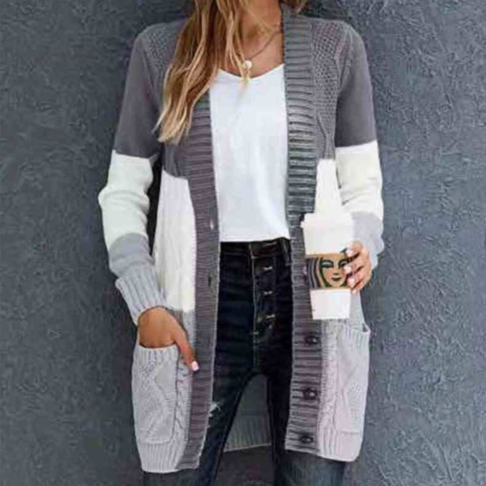 Cable Knit Color Block Button Cardigan